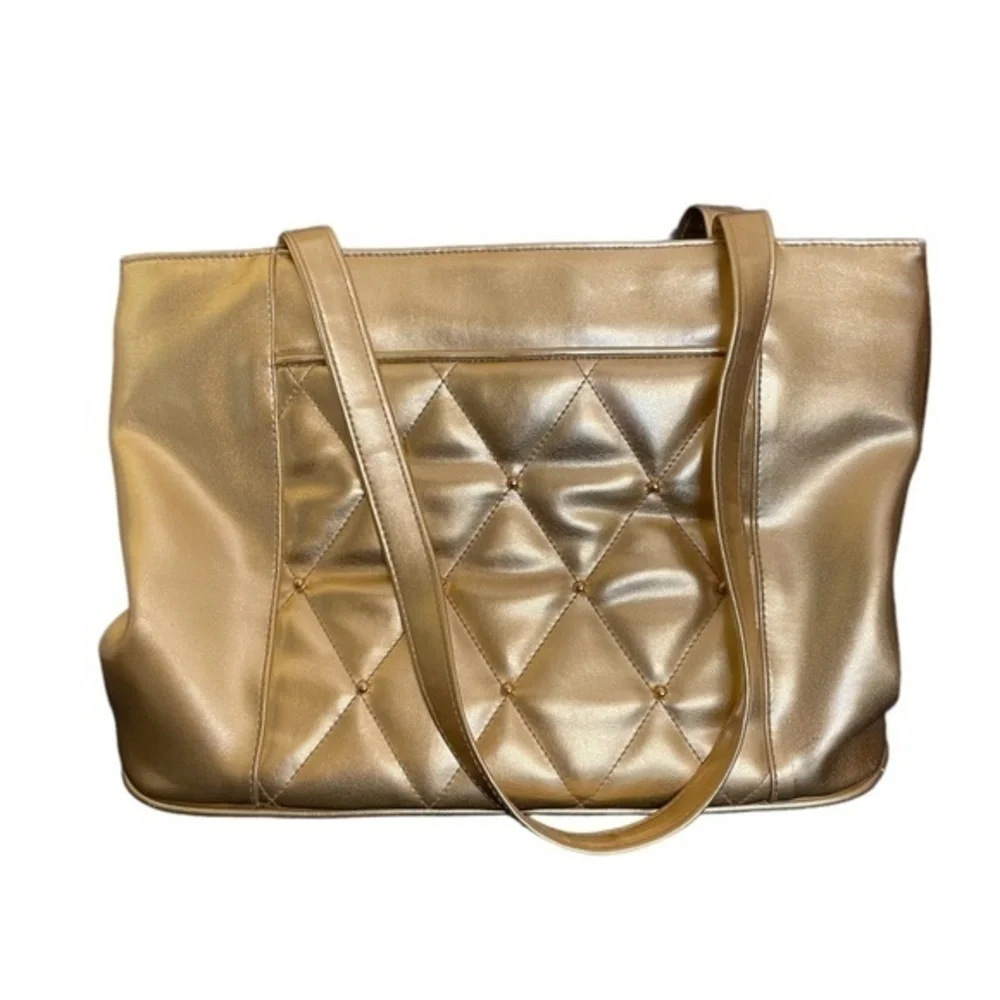 1990s BH Smith Gold Quilted Faux Leather Shoulder Bag Vintage Shopper Tote Purse